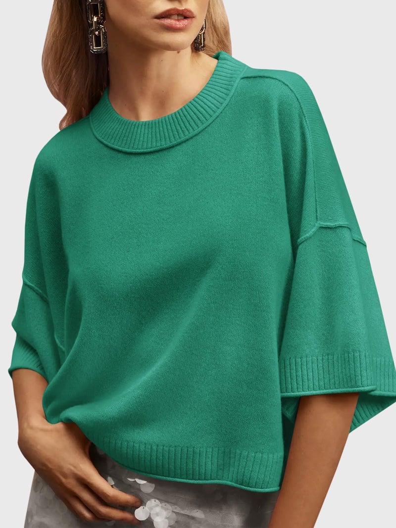 Saodimallsu Womens Short Sleeve Sweater Summer Oversized Cropped Sweaters Casual Crewneck Lightweight Knit Tops Green - Image 2