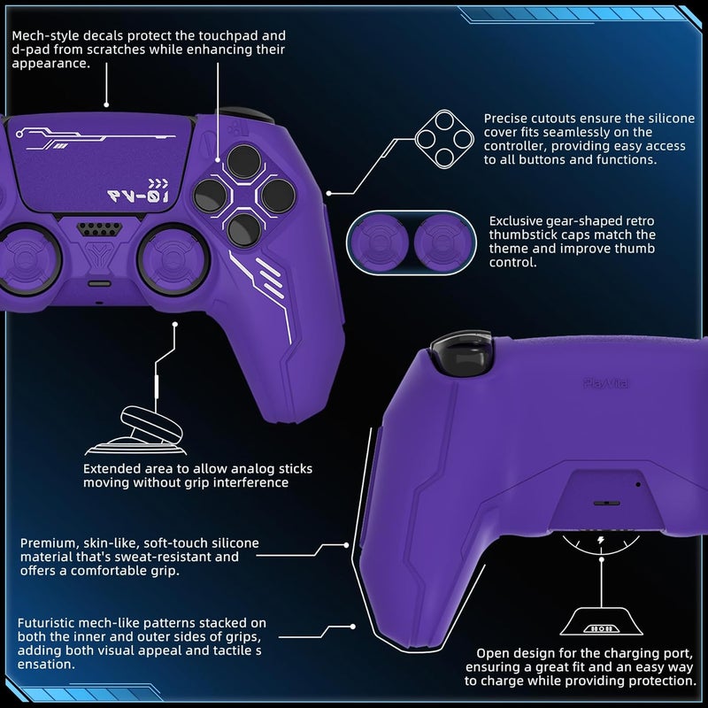 غلاف سيليكون لجهاز تحكم PS5، غلاف واقٍ مانع للانزلاق مع أغطية عصي التحكم وملصقات، إكسسوارات غلاف مطاطي متوافق مع قاعدة الشحن الرسمية لـ PS5 (إصدار الميكا - بنفسجي) - Image 2