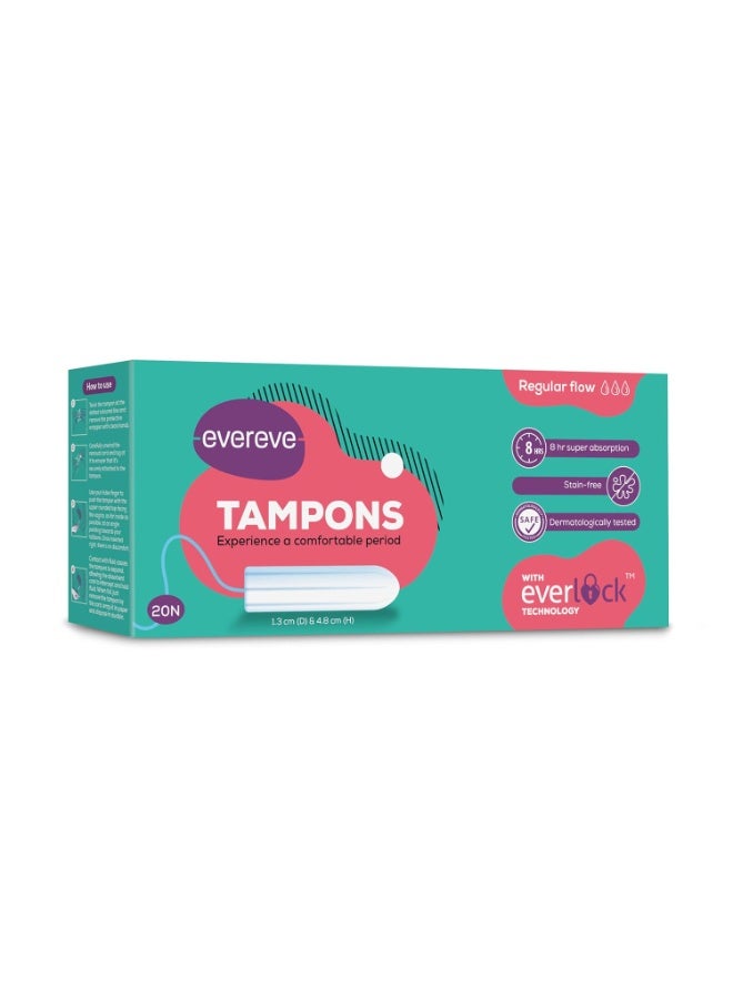 Evereve Tampons, For Regular Menstrual Flow, 20 Pcs, Super Absorption, Safe, Soft & Comfortable, Stain-Free Periods, Rash-Free, Prevents Odour, FDA Approved, Biodegradable - Image 1