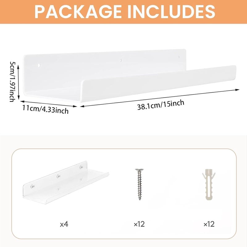 Maykela 4 Pcak Acrylic Floating Shelves Invisible Floating Shelf for Vinyl Record Wall Shelf Room Decor for Book/Photo/Makeup Display in Bedroom Living Room Bathroom Organization White 15 inch - Image 3