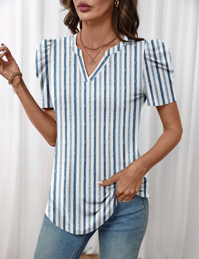 LOMON Short Sleeve Shirts for Women Womens Blouses Casual Cute Summer Puff Short Sleeve Women's Blouses Work Tops Striped M - Image 4