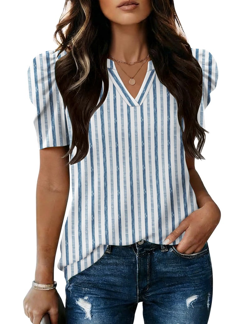 LOMON Short Sleeve Shirts for Women Womens Blouses Casual Cute Summer Puff Short Sleeve Women's Blouses Work Tops Striped M - Image 1