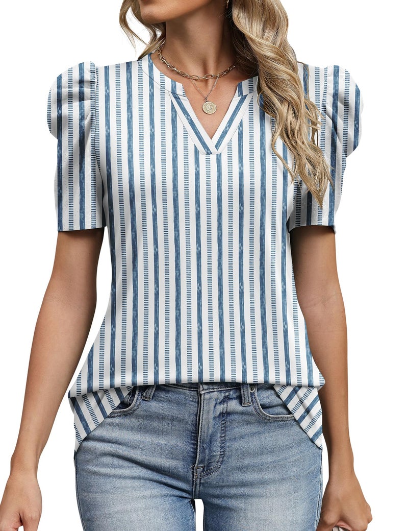 LOMON Short Sleeve Shirts for Women Womens Blouses Casual Cute Summer Puff Short Sleeve Women's Blouses Work Tops Striped M - Image 2
