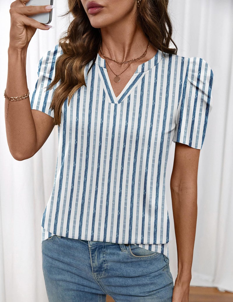 LOMON Short Sleeve Shirts for Women Womens Blouses Casual Cute Summer Puff Short Sleeve Women's Blouses Work Tops Striped M - Image 3
