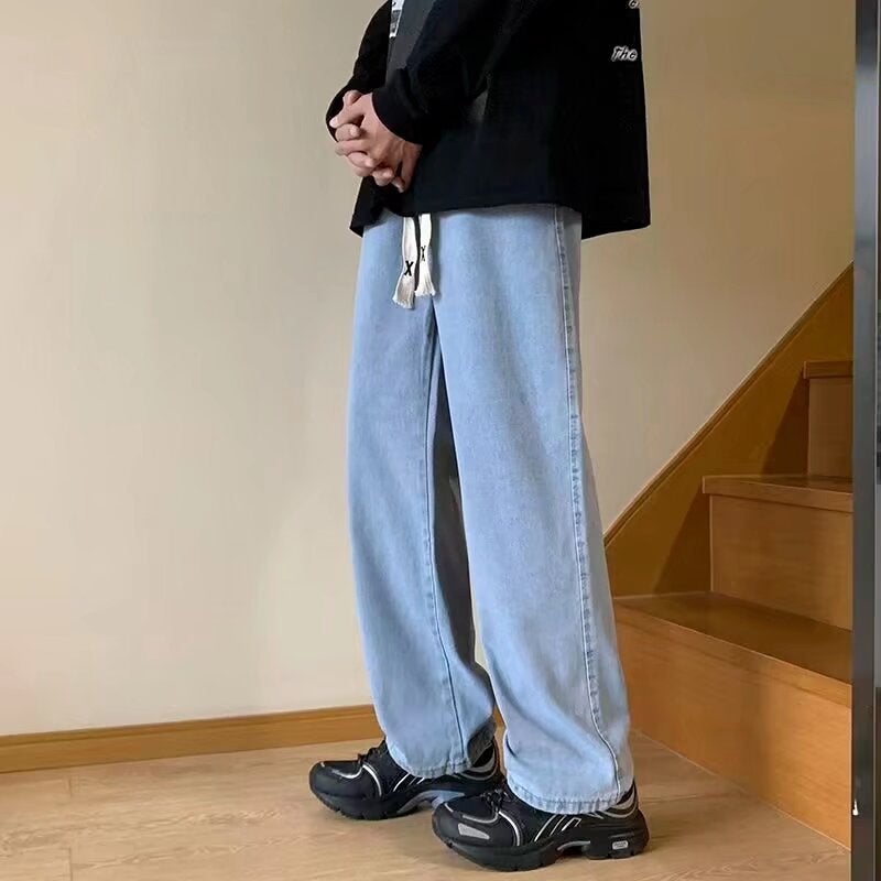 Large quantity of Cong American high street mens jeans casual loose straight tube trend all-match wide leg cross-border foreign trade explosions Light blue [discount for large orders] 