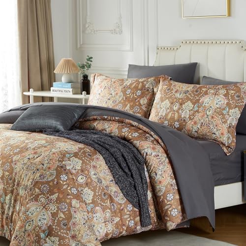 Cupocupa Duvet Cover King Size Set Boho Floral Pattern King Duvet Cover Set for King Size Bed Vintage Soft Bedding Leaf 100% Polyester Print Paisley Duvet Cover with Pillowcases - Image 4