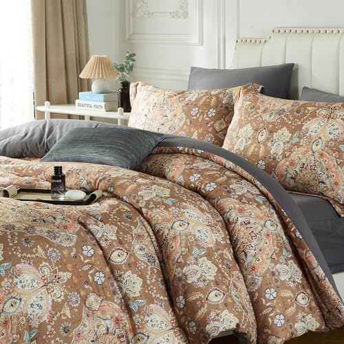 Cupocupa Duvet Cover King Size Set Boho Floral Pattern King Duvet Cover Set for King Size Bed Vintage Soft Bedding Leaf 100% Polyester Print Paisley Duvet Cover with Pillowcases - Image 5