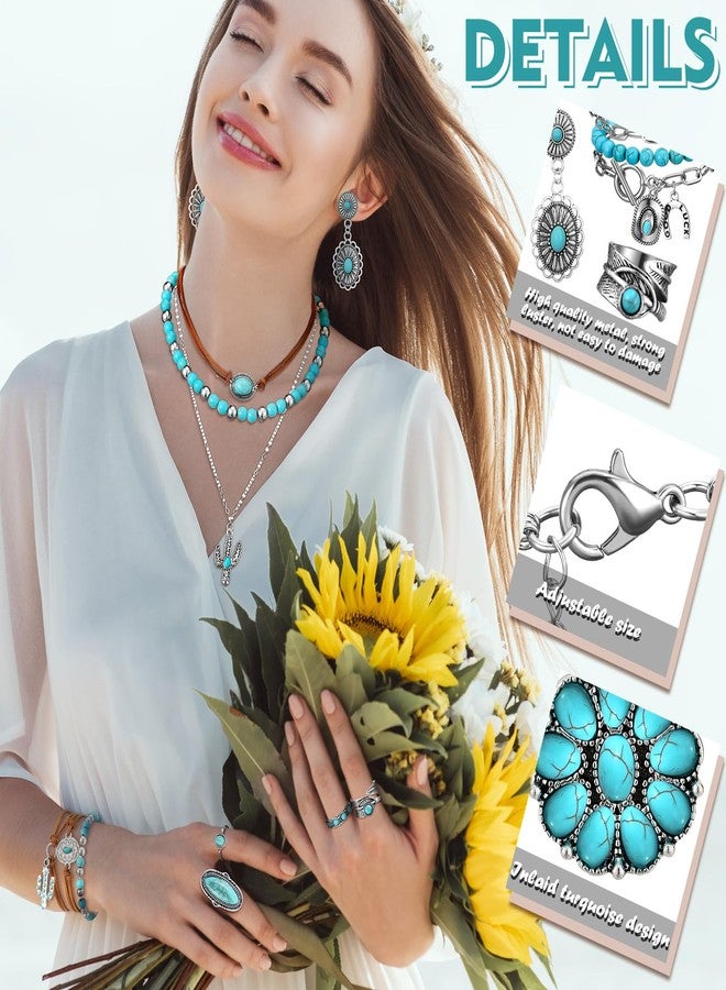 Inbagi Bohemian Turquoise Jewelry Set for Women Western Necklace Leather Bracelet Turquoise Stud Earrings Hoops Cowboy Bracelet Big Circle Earring Rings Set Vintage Jewelry Halloween - Image 3