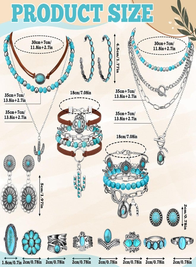 Inbagi Bohemian Turquoise Jewelry Set for Women Western Necklace Leather Bracelet Turquoise Stud Earrings Hoops Cowboy Bracelet Big Circle Earring Rings Set Vintage Jewelry Halloween - Image 4