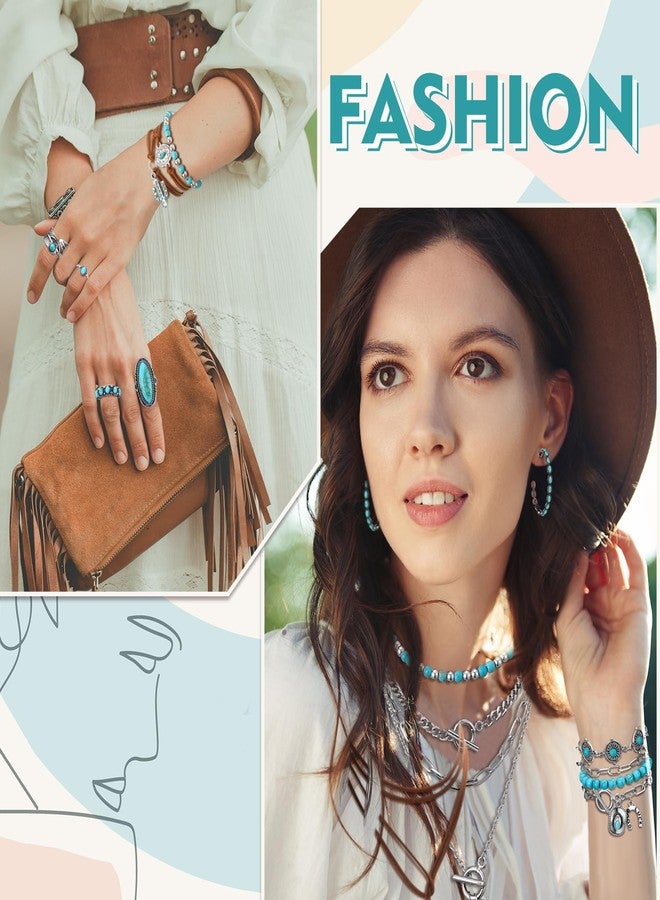 Inbagi Bohemian Turquoise Jewelry Set for Women Western Necklace Leather Bracelet Turquoise Stud Earrings Hoops Cowboy Bracelet Big Circle Earring Rings Set Vintage Jewelry Halloween - Image 2