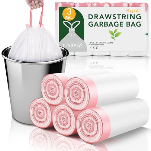 Magesh 3 Gallon Trash Bag Drawstring - White Small Mini Garbage Bags For Bathroom Can 125 Count 12 Liter Unscented Plastic Tiny Little Waste Basket Liners Kitchen Car Office Strong Thick Magesh - Image 1