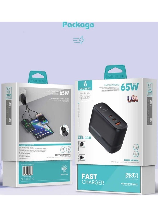 CELIBERY 65W Type C Charger,Super Fast GaN Wall Charger with 2 PD USB C 1 QC USB A Laptop Charger,3-Port Compact Foldable UK Plug Adaptor for MacBook Air Samsung iPhone iPad Galaxy Huawei Xiaomi and More, Black  - Image 4