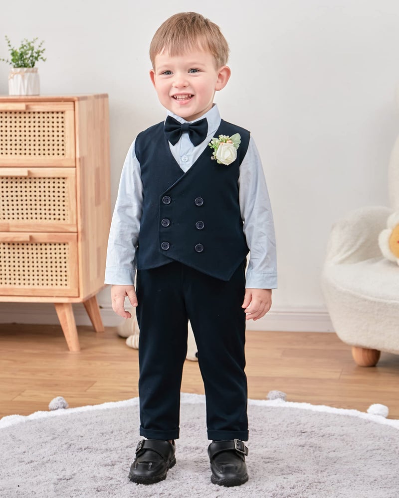 YALLET Toddler Baby Boy Clothes Suit Gentleman Wedding Outfits, Formal Dress Shirt+Bowtie+Vest+Boutonniere+Suspender Pants(V Navy Blue, 4-5T) - Image 2