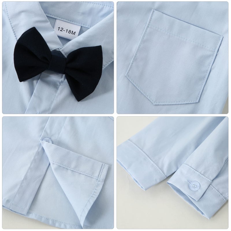 YALLET Toddler Baby Boy Clothes Suit Gentleman Wedding Outfits, Formal Dress Shirt+Bowtie+Vest+Boutonniere+Suspender Pants(V Navy Blue, 4-5T) - Image 4