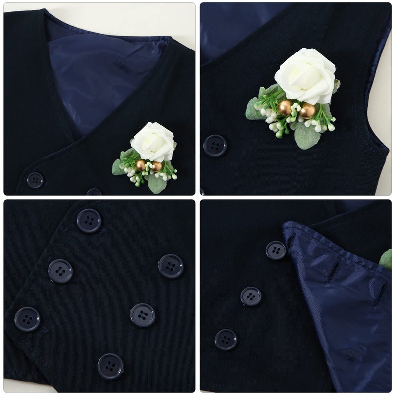 YALLET Toddler Baby Boy Clothes Suit Gentleman Wedding Outfits, Formal Dress Shirt+Bowtie+Vest+Boutonniere+Suspender Pants(V Navy Blue, 4-5T) - Image 5