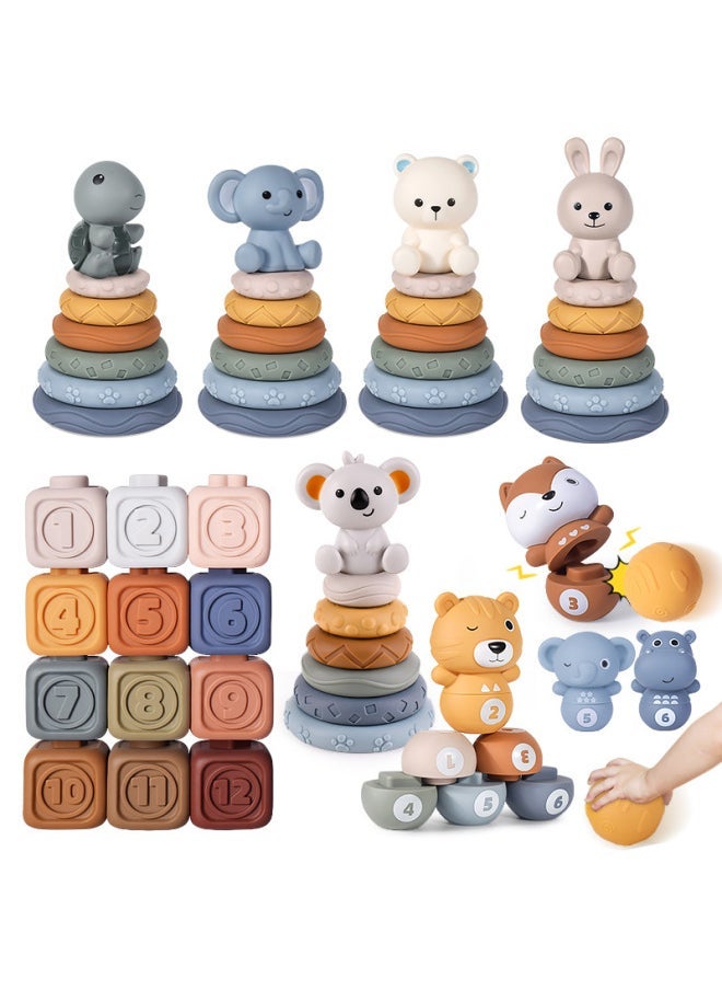 Baby Early Education Soft Jelly Blocks Rainbow Circle Six Layer Stacking Fun Squeezing Call Baby Teeth Jelly Children's Toy-Color:Rabbit Soft Rubber Ring 6 Layers Of Soft Rubber Box 6pcs (color Box)  - Image 2