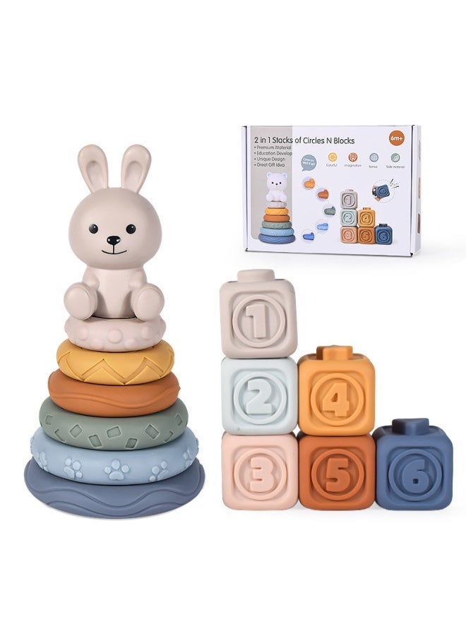 Baby Early Education Soft Jelly Blocks Rainbow Circle Six Layer Stacking Fun Squeezing Call Baby Teeth Jelly Children's Toy-Color:Rabbit Soft Rubber Ring 6 Layers Of Soft Rubber Box 6pcs (color Box)  - Image 1