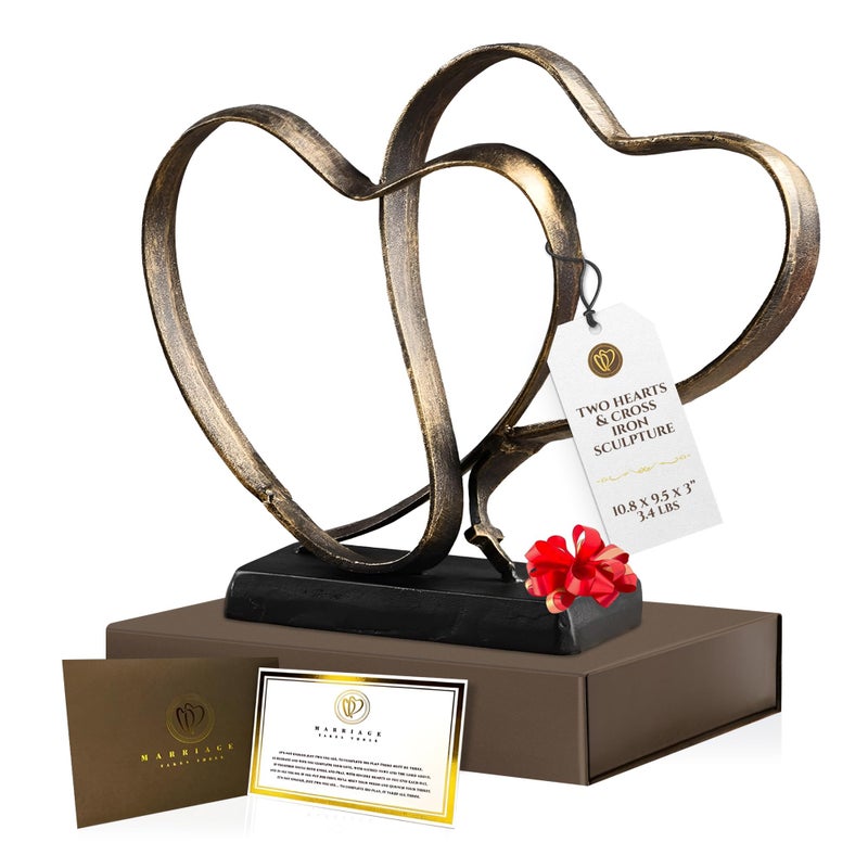 DCAPILLA DCAPILLA Wedding Anniversary Couples Gift  Two Hearts and Cross Iron Sculpture Heart Decoration Gift for Her and Him 1st to 50th or 60th Anniversary Includes Present Box and Poem Card 