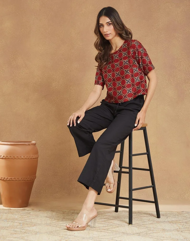 Fabindia Red Cotton Silk Ajrakh Printed Short Top