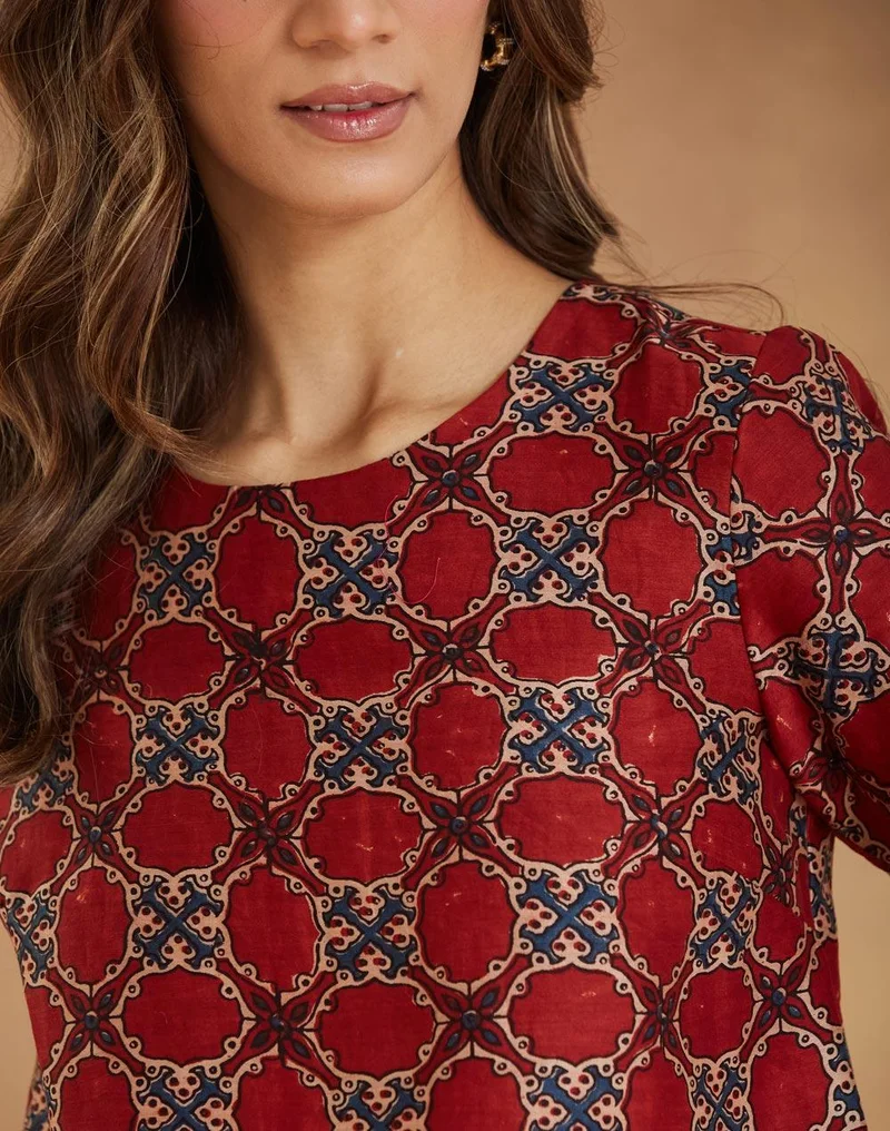 Fabindia Red Cotton Silk Ajrakh Printed Short Top