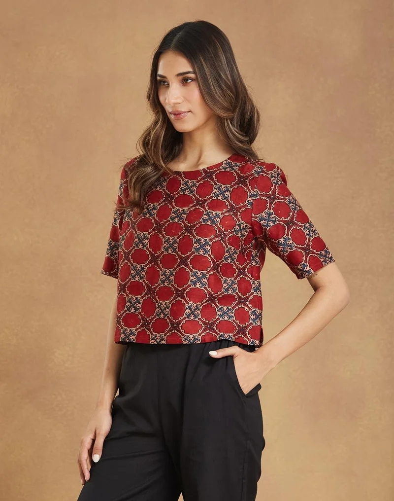 Fabindia Red Cotton Silk Ajrakh Printed Short Top