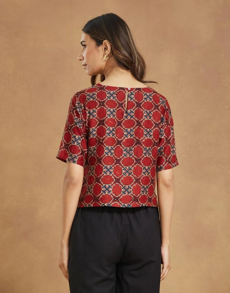 Fabindia Red Cotton Silk Ajrakh Printed Short Top