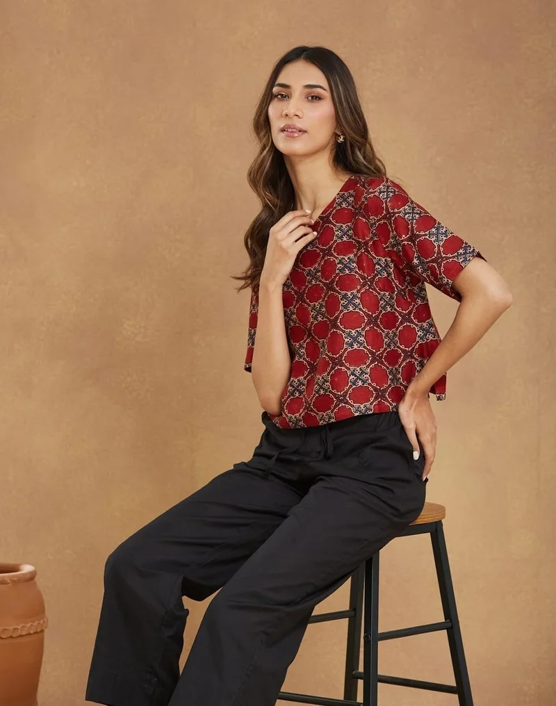 Fabindia Red Cotton Silk Ajrakh Printed Short Top