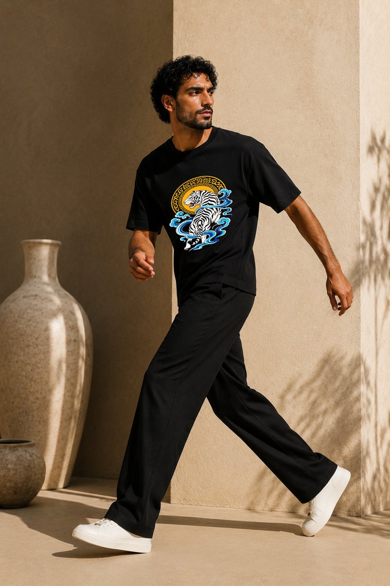 Men's Black Tiger Graphic T-Shirt Oversized Casual Short Sleeve Crew Neck Streetwear Tee - Image 3