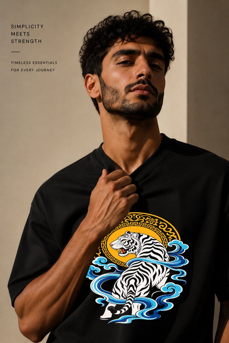 Men's Black Tiger Graphic T-Shirt Oversized Casual Short Sleeve Crew Neck Streetwear Tee - Image 5