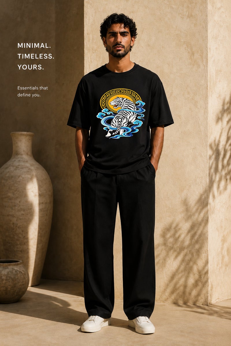 Men's Black Tiger Graphic T-Shirt Oversized Casual Short Sleeve Crew Neck Streetwear Tee - Image 2