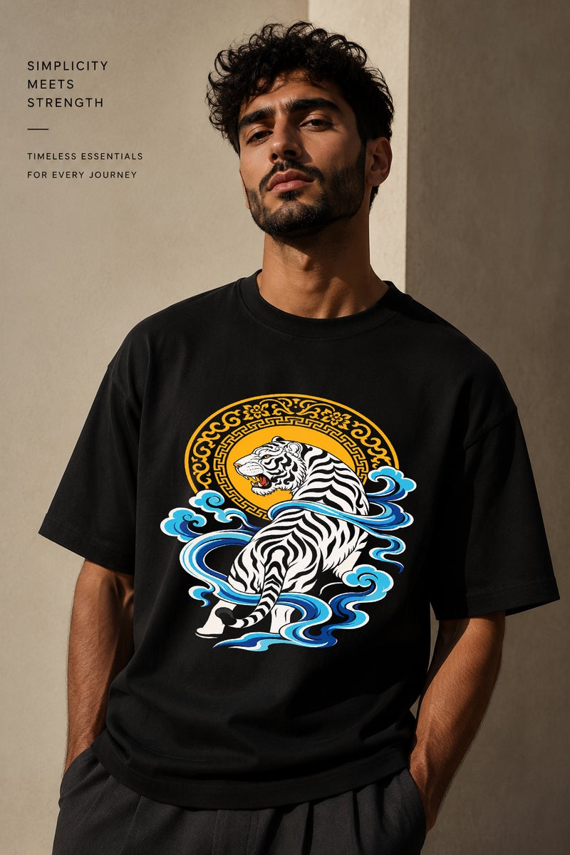Men's Black Tiger Graphic T-Shirt Oversized Casual Short Sleeve Crew Neck Streetwear Tee - Image 1