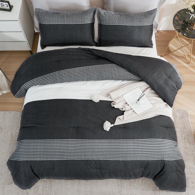 Litanika Litanika Queen Comforter Set Black White Grey - 3 Pieces Lightweight Summer Bedding Set  All Season Down Alternative Comforter (1 Comforter  2 Pillowcases)  - Image 3