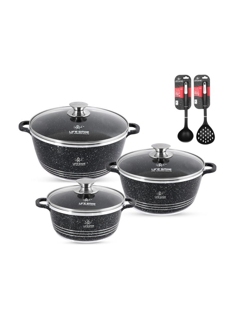 Life Smile Nonstick Cookware Set 8 pcs Cookwares with Stainless steel rim-Oven safe Pots and Pans set-Granite Coating Cooking Pots set Includes 20cmx2.3L Casserole with Lid ,24cmx4.1L Casserole with Lid, 28cmx6.7LCasserole with Lid, , & 2pcs Silicone Utensils Contains 32x8.5cm Soup ladle & 34.5x10cm Skimmer  - Image 1