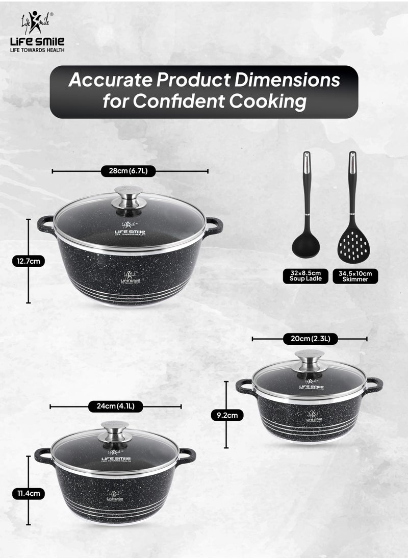 Life Smile Nonstick Cookware Set 8 pcs Cookwares with Stainless steel rim-Oven safe Pots and Pans set-Granite Coating Cooking Pots set Includes 20cmx2.3L Casserole with Lid ,24cmx4.1L Casserole with Lid, 28cmx6.7LCasserole with Lid, , & 2pcs Silicone Utensils Contains 32x8.5cm Soup ladle & 34.5x10cm Skimmer  - Image 3