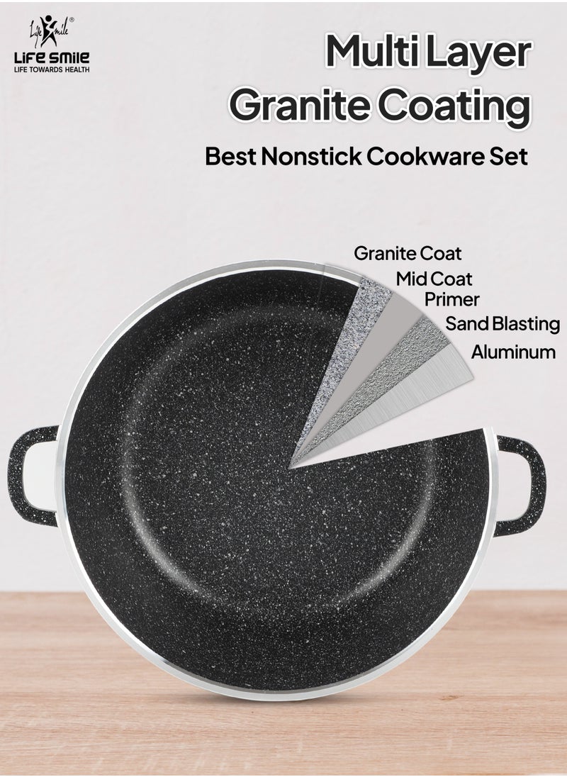 Life Smile Nonstick Cookware Set 8 pcs Cookwares with Stainless steel rim-Oven safe Pots and Pans set-Granite Coating Cooking Pots set Includes 20cmx2.3L Casserole with Lid ,24cmx4.1L Casserole with Lid, 28cmx6.7LCasserole with Lid, , & 2pcs Silicone Utensils Contains 32x8.5cm Soup ladle & 34.5x10cm Skimmer  - Image 4