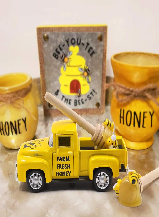 Huray Rayho Mini Farm Fresh Honey Yellow Truck Toy with Faux Honey Dippers Farmhouse Honeybee Tiered Tray Decor Vintage Pickup Metal Truck Spring for Summer Bookshelf Table Kitchen Decors - Image 1