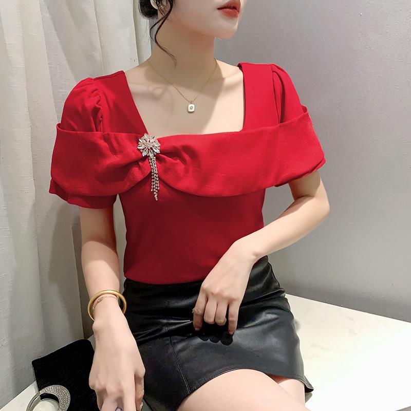 Real S 2024 Style Chic Stitching Ruffled Square Collar Top Short Sleeve T-Shirt Women'S Tide - Image 2