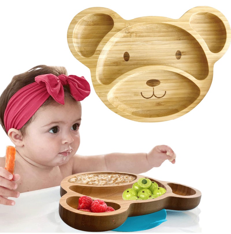 Bamboo Plates for Kids Baby Toddler Plates with Suction for Feeding Weaning EcoFriendly Bear Design Promotes SelfFeeding Ideal for Busy Moms Dads Sturdy BPAFree Blue