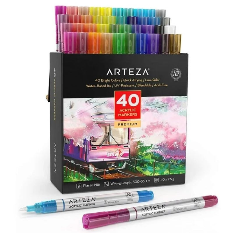 ARTEZA أقلام الطلاء الأكريليكي من أرتيزا، مجموعة من 40 قلم طلاء أكريليكي بألوان متنوعة، مستلزمات فنون وحرف للزجاج، الفخار، السيراميك، الصخور، وطلاء القماش - Image 1