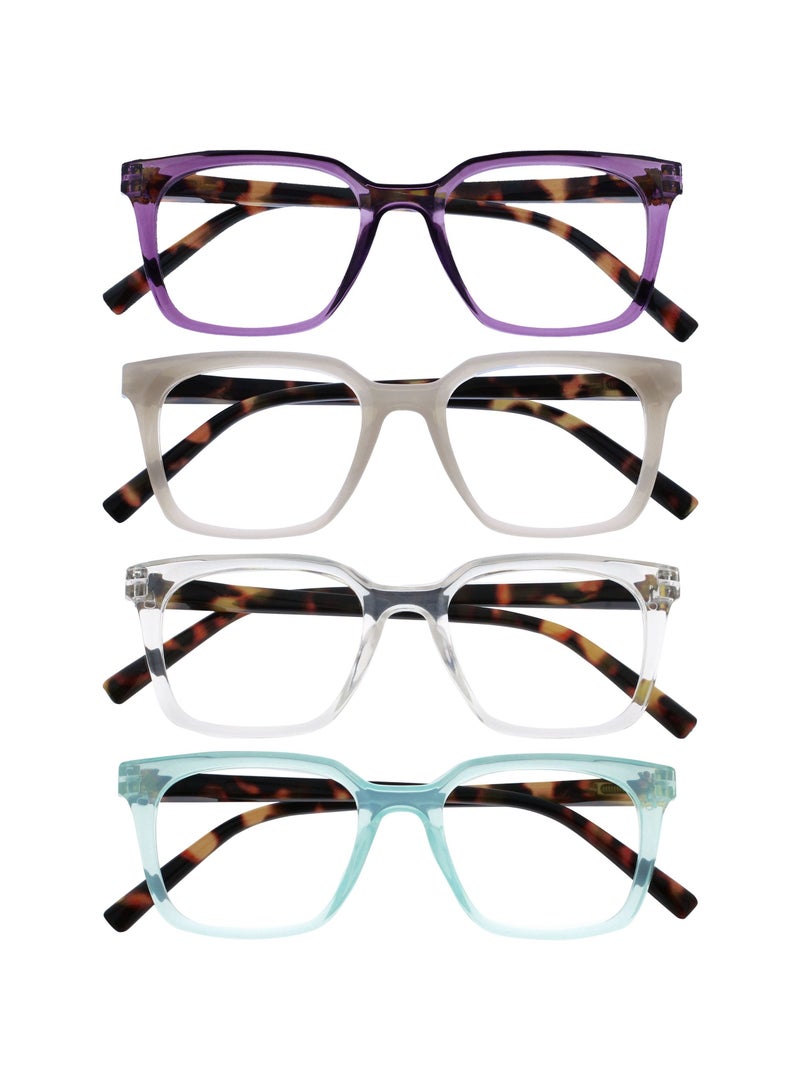 OPULIZE KOI Reading Glasses for Women Men,Scratch Resistant Large Rectangular frame with spring hinges, Purple, Grey, Clear, Aqua +2 (Pack of 4) - Image 1