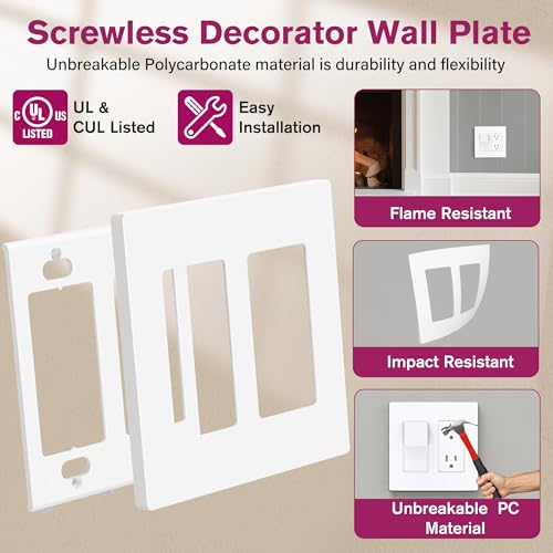 EMITEVER 2-Gang Screwless Decorator Wall Plate Cover for Receptacle Outlet & Light Switch, Standard Size 4.53"H x 4.53"W, Unbreakable Thermoplastic Faceplate, UL Listed, Matte White 1-Pack - Image 3