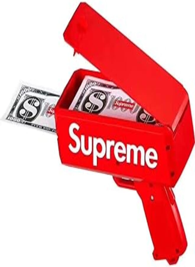 Supreme Money gun red can be sprayed 50-100 money Works on a 9 volt battery which is included manufacturer Make it rain US Dollars