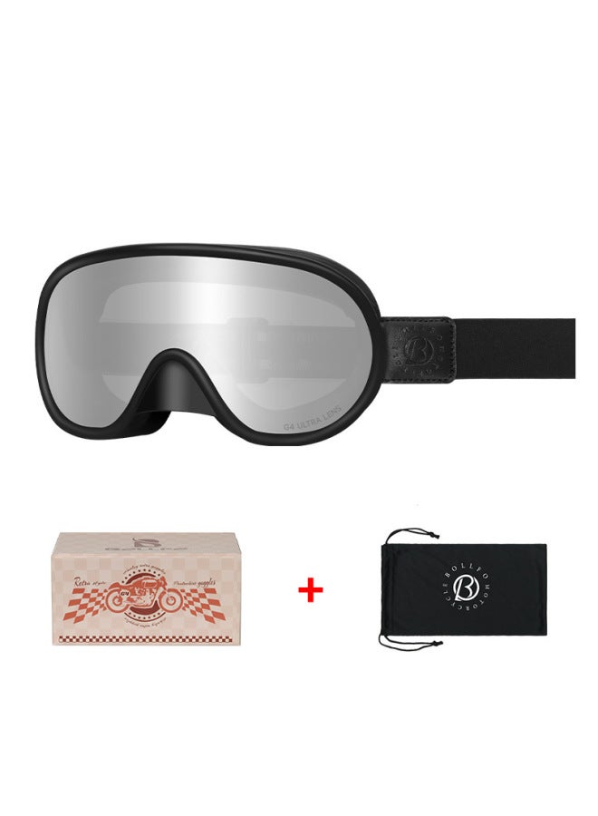 Color-Changing Retro Motorcycle Helmet Goggles, Windproof Off-Road Riding, Black Frame with Aurora Silver Lens for Day and Night Use