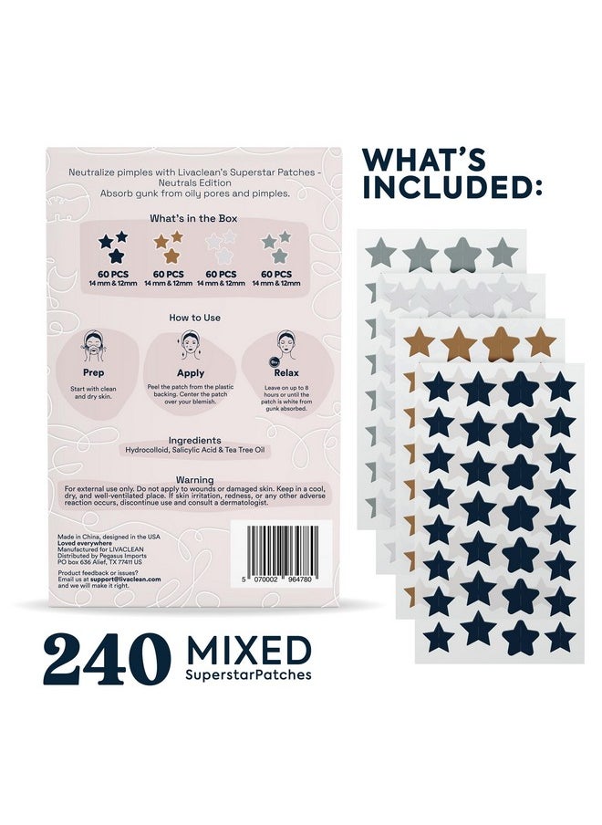 LivaClean - 240 Ct Neutrals Pimple Patches For Face W/Salicylic Acid & Tea Tree, Hydrocolloid Acne Patches Cute Star Pimple Patches For Healing, Cute Face Stickers, Zit Patch - Image 1