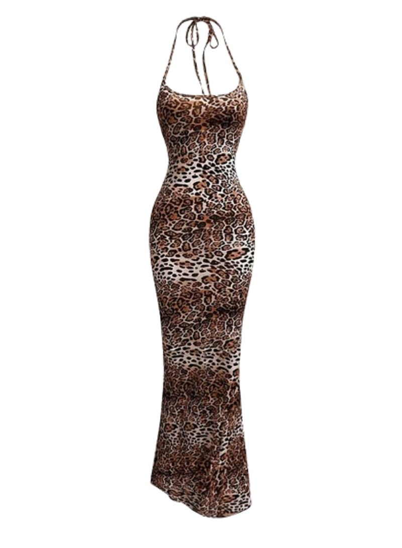 MANIKAN MANIKAN Women's Leopard Print Tie  Dress Maxi Women Outfit 