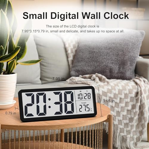 CHIBRO Digital Wall/Tabletop Clock with Temperature & Date Display – 20 cm x 8 cm x 2 cm | Large 12 cm Numerals, Wall/Hanging or Stand Table Use – Battery Powered (Black/White Frame) (Black) - Image 2