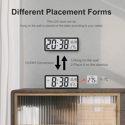 CHIBRO Digital Wall/Tabletop Clock with Temperature & Date Display – 20 cm x 8 cm x 2 cm | Large 12 cm Numerals, Wall/Hanging or Stand Table Use – Battery Powered (Black/White Frame) (Black) - Image 5