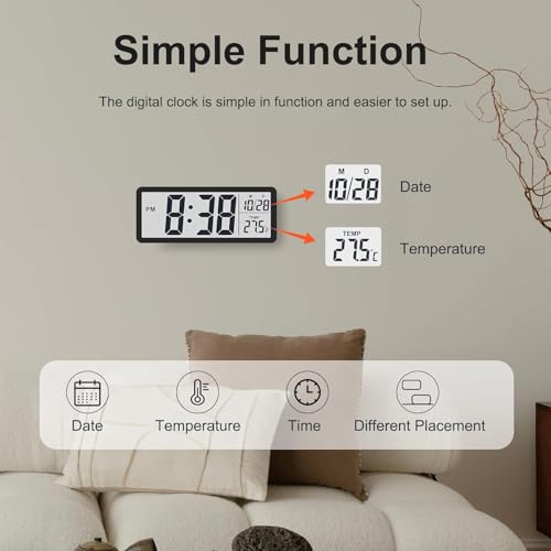 CHIBRO Digital Wall/Tabletop Clock with Temperature & Date Display – 20 cm x 8 cm x 2 cm | Large 12 cm Numerals, Wall/Hanging or Stand Table Use – Battery Powered (Black/White Frame) (Black) - Image 3