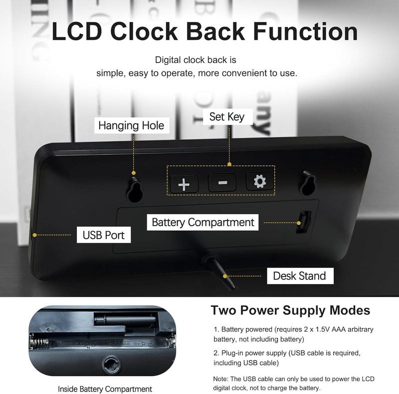 CHIBRO Digital Wall/Tabletop Clock with Temperature & Date Display – 20 cm x 8 cm x 2 cm | Large 12 cm Numerals, Wall/Hanging or Stand Table Use – Battery Powered (Black/White Frame) (Black) - Image 4