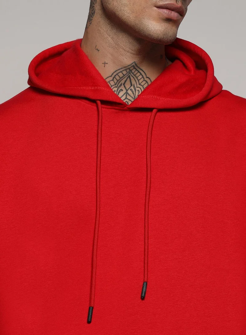 Campus Sutra Men's Crimson Red Oversized Basic Hoodie With Kangaroo Pocket